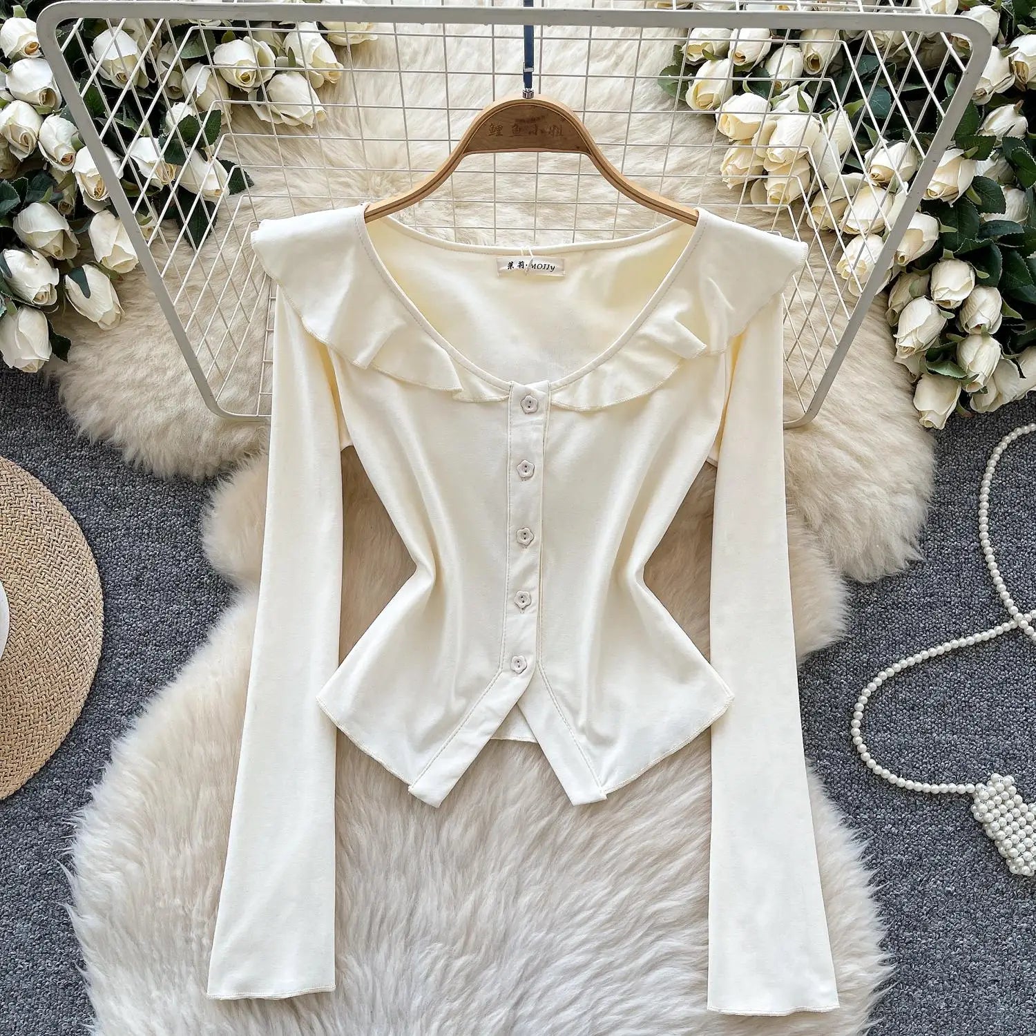 Vintage Fashion Women's Sweet Solid Single Breasted Long Sleeved T Shirt Spring Round Neck Ruffle Edge Short Cardigan Tops Trend