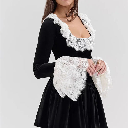 Load image into Gallery viewer, Lace Flare Long Sleeve Sexy Mini Dress Women Black Fashion Square Collar High Waist Pleated Club Party Dress Elegant
