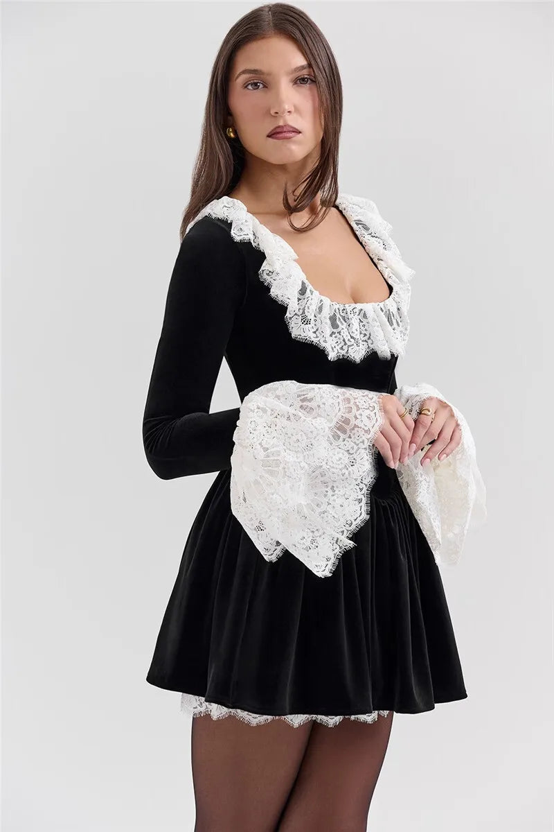 Lace Flare Long Sleeve Sexy Mini Dress Women Black Fashion Square Collar High Waist Pleated Club Party Dress Elegant