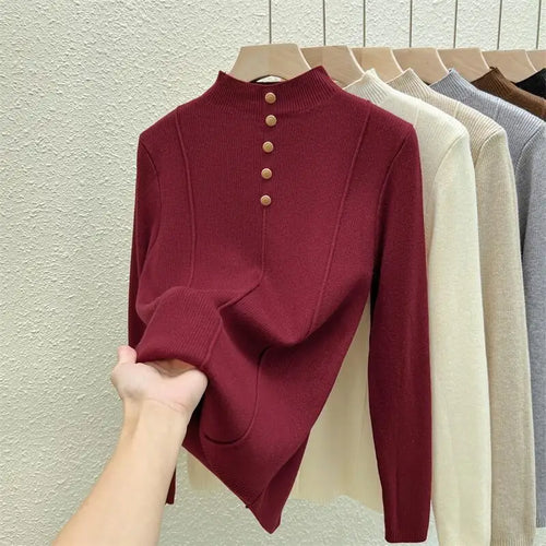 Load image into Gallery viewer, Autumn Winter Korean Fashion Solid Half High Neck Single Breasted Velvet Knit Sweater Women Slim Warm Long Sleeve Pullovers Tops
