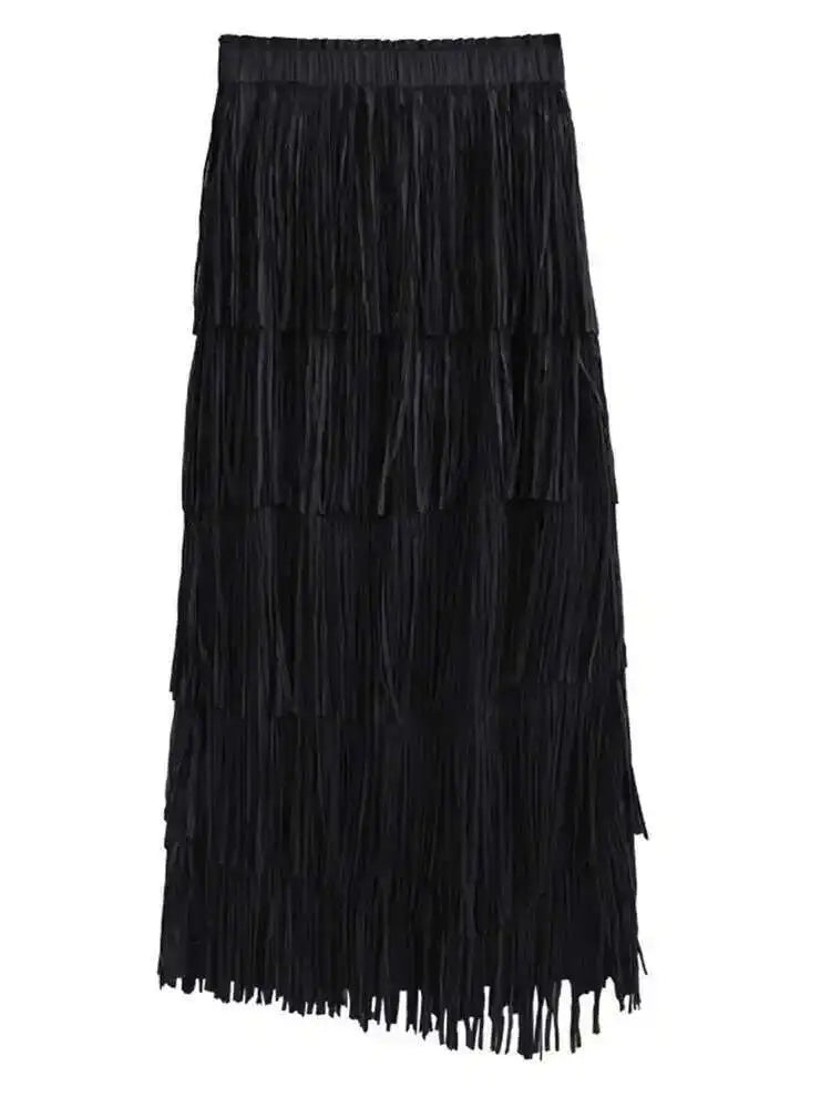 High Elastic Waist Red Pleated Tassels Long Elegant Half-body Skirt Women Fashion Tide New Spring Autumn 2025 1DF8296