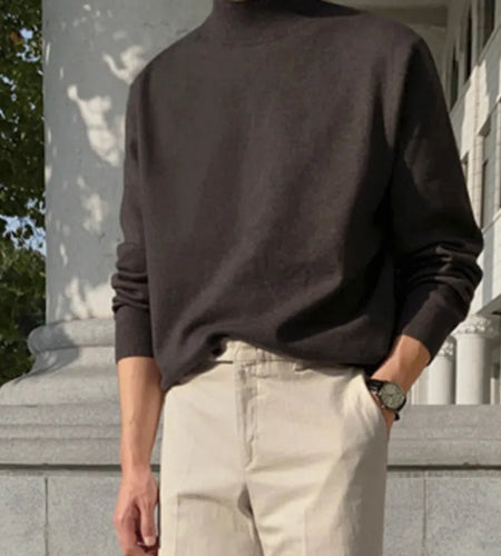 Kinttwear Korean Men's Pullover Loose Lightweight Tops Long Sleeve Mock Neck Black Autumn Bottom Clothing 9D1680