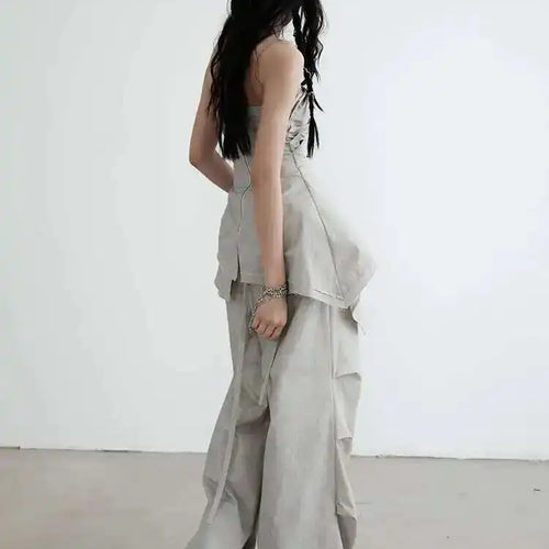 Load image into Gallery viewer, High Waist Gray Drawstring Ruffles Pleated Long Wide Leg Pants New Trousers Women Fashion Tide Spring Autumn 2025 1DH6257
