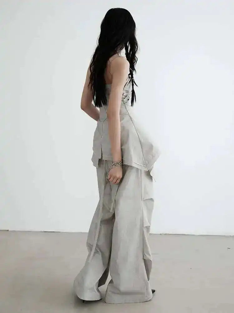 High Waist Gray Drawstring Ruffles Pleated Long Wide Leg Pants New Trousers Women Fashion Tide Spring Autumn 2025 1DH6257