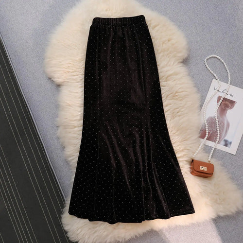 Load image into Gallery viewer, Vintage Black Velvet Diamonds Mermaid Skirt Autumn Winter Women&#39;s Brown Elastic High Waist Party Wrap Hip Long Skirts Female New
