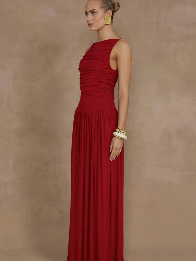 Elegant Sleeveless Round Neck Bodycon Long Dress For Women Folded Slimming Party Evening Dress Female Tight Vestido 2024