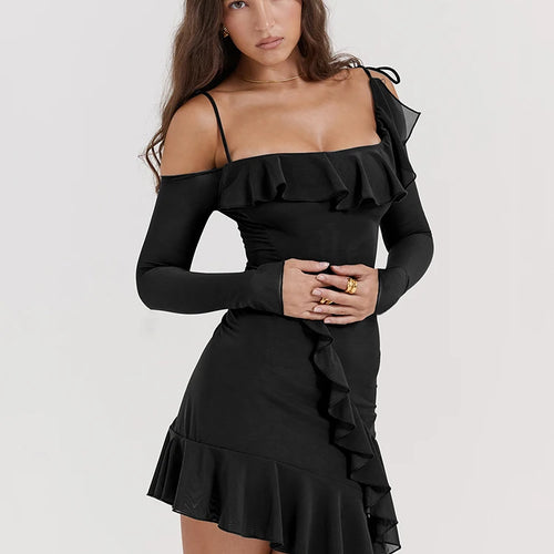 Load image into Gallery viewer, Sexy Strap One Line Neck Double Layer Long Sleeve Dress Women's Slim Fit Ruffles Irregular Mini Dress Sweet Party Club
