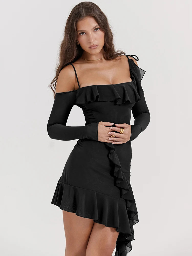 Sexy Strap One Line Neck Double Layer Long Sleeve Dress Women's Slim Fit Ruffles Irregular Mini Dress Sweet Party Club