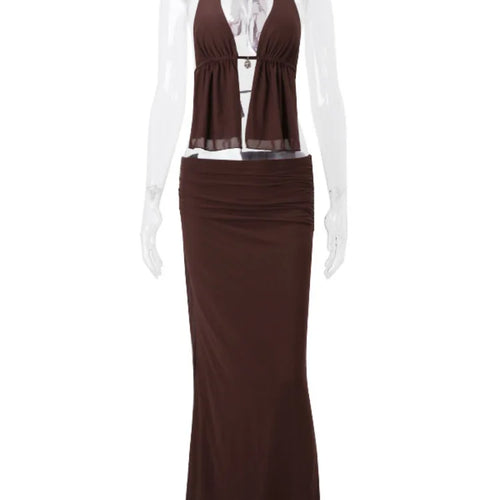 Load image into Gallery viewer, Hollow Out Lace-up Sexy Skirt 2 Piece Sets Women Brown Halter Crop Tops And Maxi Skirt Female Skinny Sexy Two Piece Set
