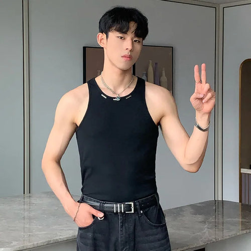 Load image into Gallery viewer, Men&#39;s Tank Tops Metal Design Round Collar Sleeveless Solid Color Casual Male T-shirts Korean Style Summer 9C6775
