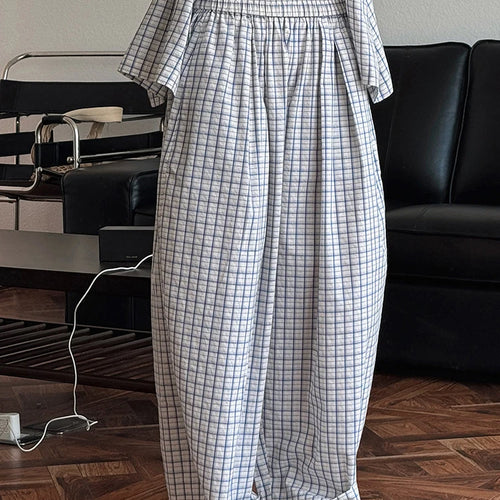 Load image into Gallery viewer, High Elastic Waist Blue Plaid Brief Casual Wide Leg Pants New Trousers Women Fashion Tide Spring Autumn 2025 1DJ0747
