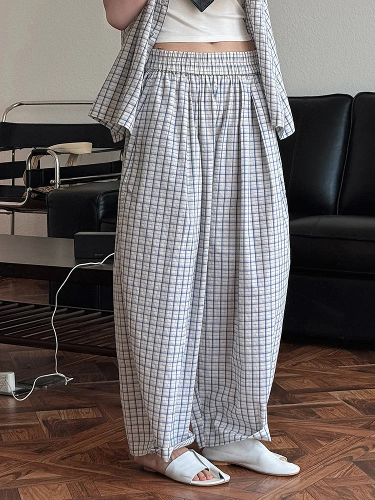 High Elastic Waist Blue Plaid Brief Casual Wide Leg Pants New Trousers Women Fashion Tide Spring Autumn 2025 1DJ0747