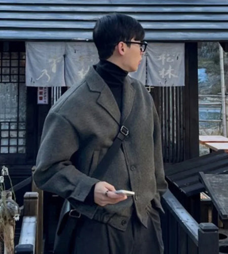 Woolen Turn-down Men's Vintage Coat Fashion Pockets Solid Color Male Loose Korean Style Male Jacket 2024 Winter 9C8783