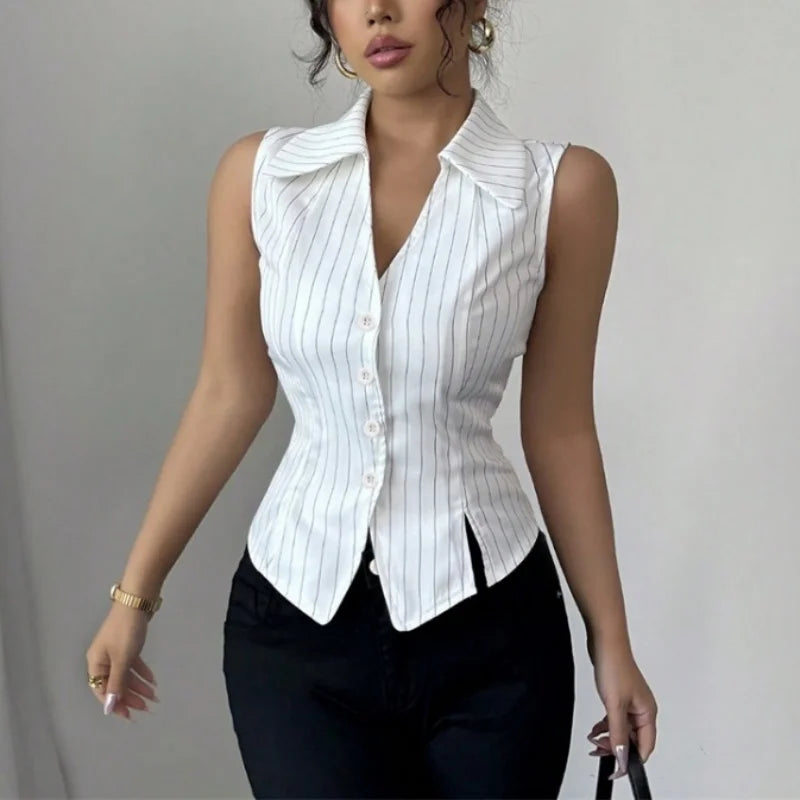 y2k Waistcoat Vest 2000s Women Summer Striped Single Breasted Sleeveless Tank Top Elegant Ladies Clothes Streetwear
