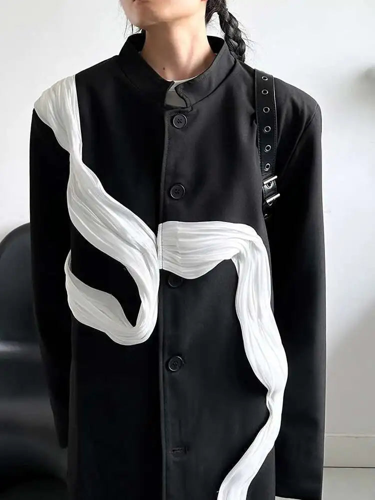 Women Ribbons Color-block Big Size Blazer New Stand Collar Long Sleeve Jacket Fashion Tide Spring Autumn 2025 1DH8156