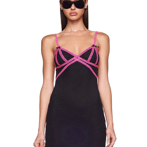 Load image into Gallery viewer, Sexy Splie Off Shoulder Lace Patchwork Party Evening Mini Dress Women 2024 New Solid V Neck Slim Backless Bow Dresses
