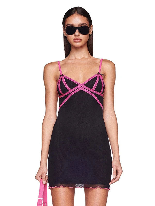 Sexy Splie Off Shoulder Lace Patchwork Party Evening Mini Dress Women 2024 New Solid V Neck Slim Backless Bow Dresses