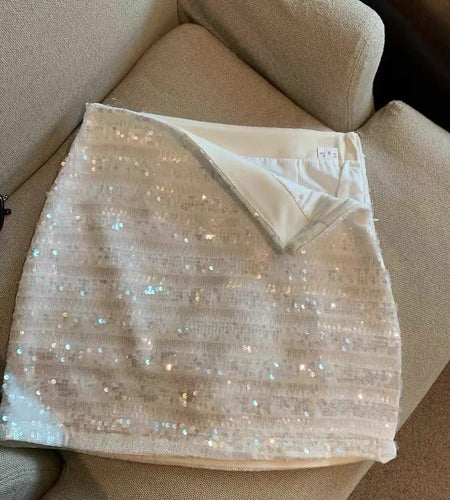 Women Black High Waist Shiny Mini Skirt White Sequins A-line Slim Skirts Y2k Silver Evening Party Skirt Sexy Club Spring Summer