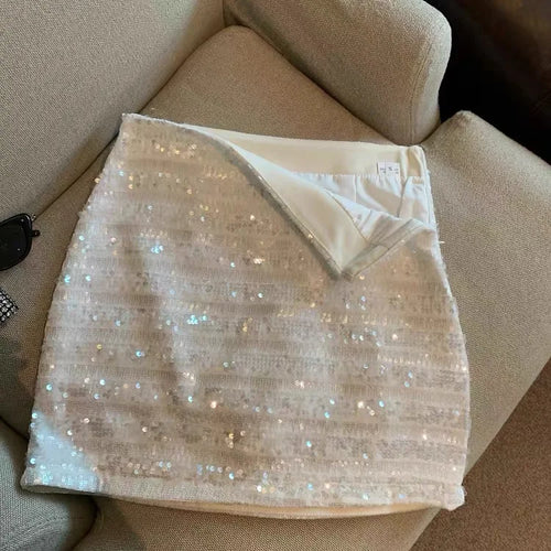Load image into Gallery viewer, Women Black High Waist Shiny Mini Skirt White Sequins A-line Slim Skirts Y2k Silver Evening Party Skirt Sexy Club Spring Summer
