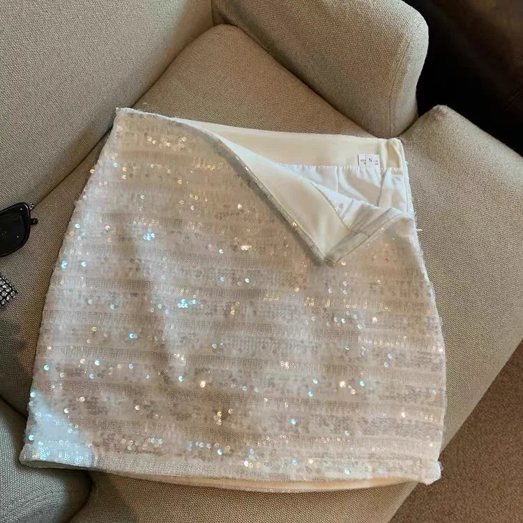Women Black High Waist Shiny Mini Skirt White Sequins A-line Slim Skirts Y2k Silver Evening Party Skirt Sexy Club Spring Summer