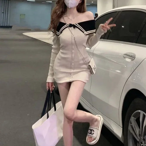 Load image into Gallery viewer, Sexy Knitted Knit Sweater Mini Dress Off Shoudler Korean Fashion Bodycon Wrap Slim Shhort Dresses Evening Party Kpop
