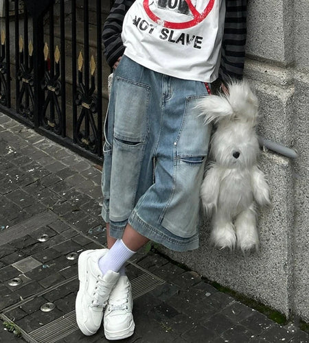 High Street Men's Denim Shorts Washing Worn-out Patchwork Bottom Straight Wide Leg Male Jeans Trend Summer 9C6821