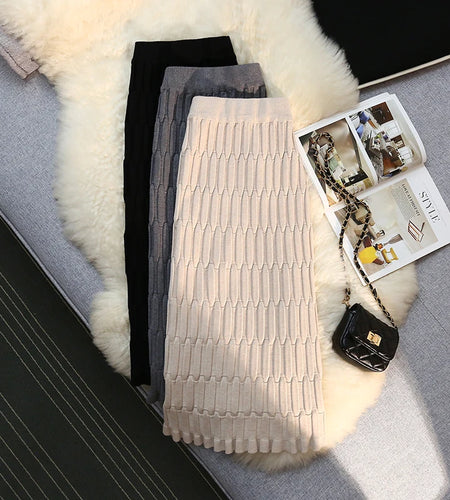 Elegant Vintage Straight Knitted Midi Skirt Women Jacquard Pattern High Waist Skirt Ladies Spring Winter Wrap Skirts Casual