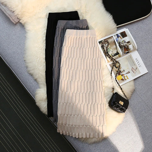 Load image into Gallery viewer, Elegant Vintage Straight Knitted Midi Skirt Women Jacquard Pattern High Waist Skirt Ladies Spring Winter Wrap Skirts Casual
