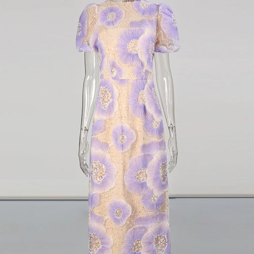 Load image into Gallery viewer, Hit Color Printing Spliced Bead Dresses for Women Round Neck Short Sleeves High Waist Temperament Long Dress Female
