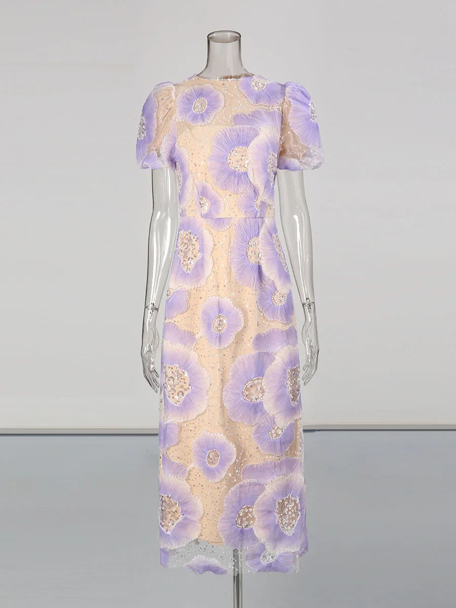 Hit Color Printing Spliced Bead Dresses for Women Round Neck Short Sleeves High Waist Temperament Long Dress Female