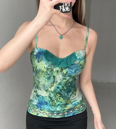 Oil Painting Style Romantic Floral Print Camisole Women Slimming With Breast Cushion Mesh Patched Tops Summer Clothes