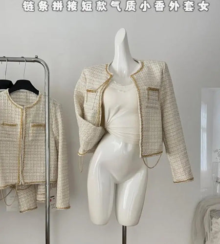 Autumn New Women Vintage Fashion Versatile Beige Round Neck Long Sleeve Small Fragrant Texture Chain Short Cardigans Jacket Coat