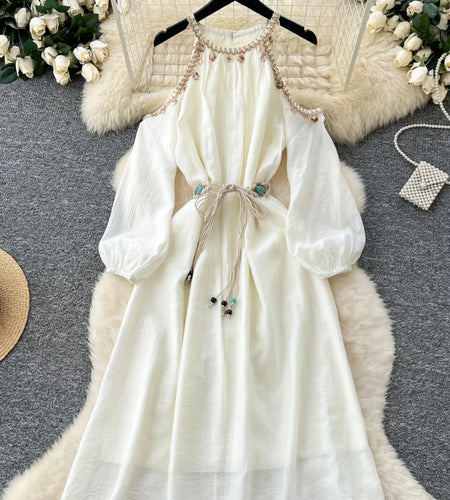 French Women Beige Elegant Long Sleeved Lace-up Pleated Dresses Spring High Waist Sexy Off Shoulder Vacation Party Dress Popular