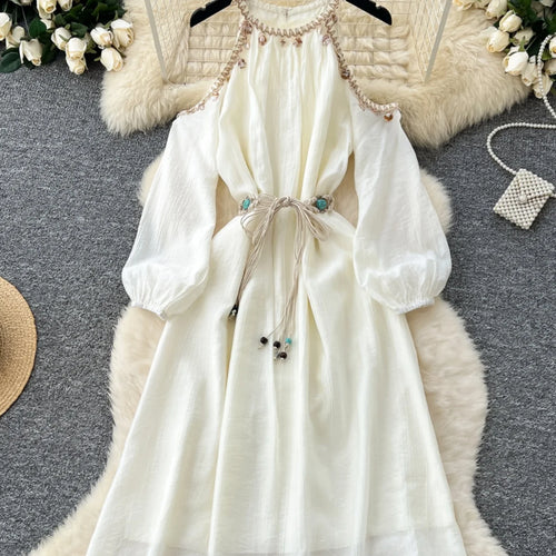 Load image into Gallery viewer, French Women Beige Elegant Long Sleeved Lace-up Pleated Dresses Spring High Waist Sexy Off Shoulder Vacation Party Dress Popular
