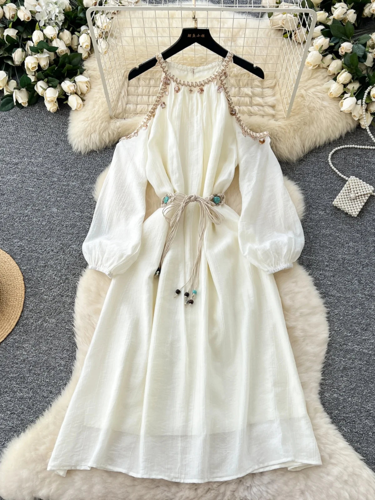 French Women Beige Elegant Long Sleeved Lace-up Pleated Dresses Spring High Waist Sexy Off Shoulder Vacation Party Dress Popular