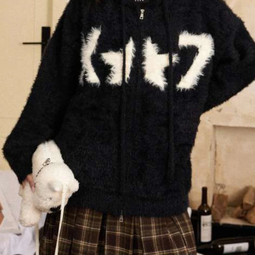 Load image into Gallery viewer, Y2k Aesthetic Casual Jacquard Cardigan Coats Autumn Oversized Knitted Vintage Sweaters Hooded Streetwear Women Grunge Sweater
