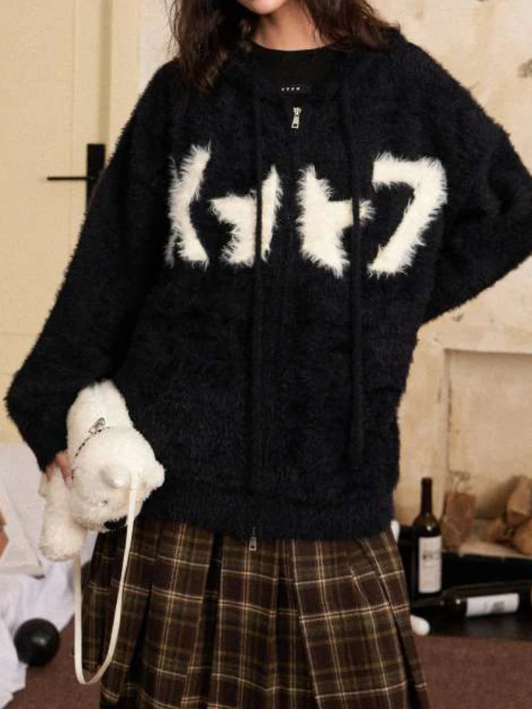 Y2k Aesthetic Casual Jacquard Cardigan Coats Autumn Oversized Knitted Vintage Sweaters Hooded Streetwear Women Grunge Sweater