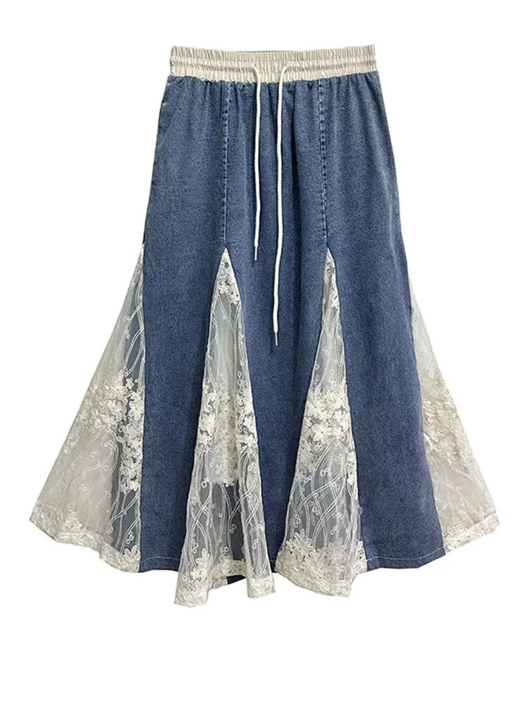 High Elastic Waist Apricot Blue Denim Lace Mermaid Half-body Skirt Women Fashion Tide New Spring Autumn 2025 1DH8648