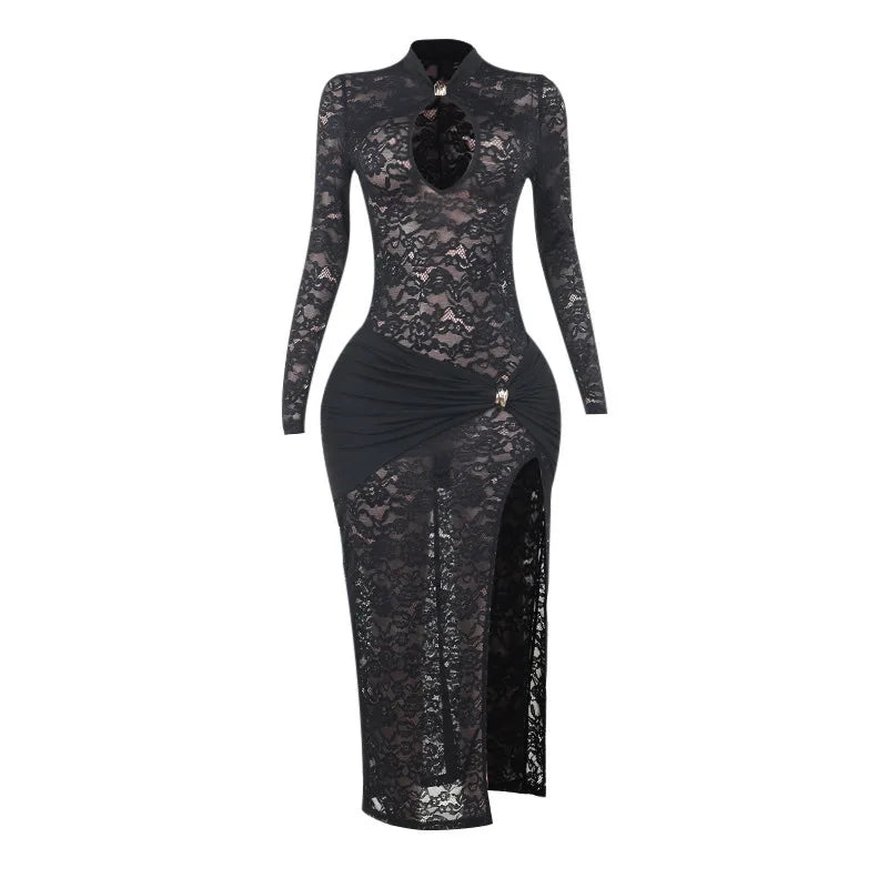 Lace Hollow Out Sexy Maxi Dress For Women Fashion Long Sleeve Thigh High Split Bodycon Club Evening Long Dress Elegant