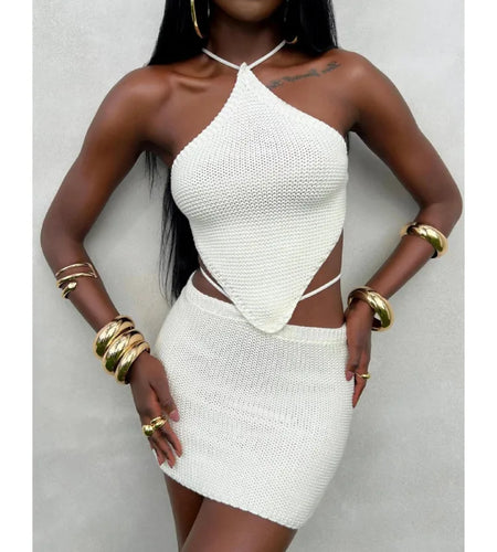 Sexy Knitted Women Two Piece Set Hanging Collar Backless Vest CropTop Slim Fit Mini Skirt Set Charming Beach Party Suit