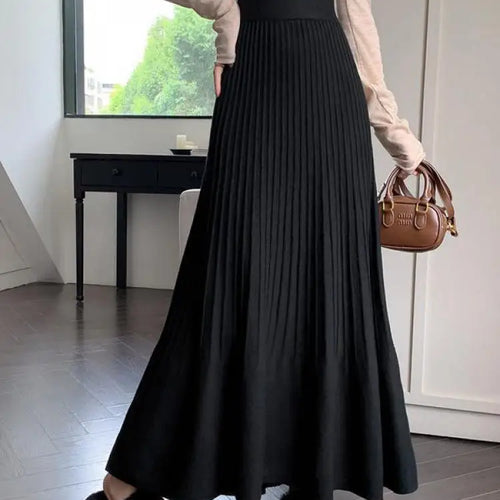 Load image into Gallery viewer, Autumn Winter Women&#39;s Black Elastic High Waist Skirt Korean Version Retro Beige Elegant Vacation Party Pleated A-line Long Skirt
