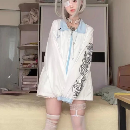 Load image into Gallery viewer, Japanese Kawaii Fashion Jacket Women Y2k Aesthetic Zipper Coat Loose Simple Coats Casual Harajuku Cartoon Skull Print Jackets
