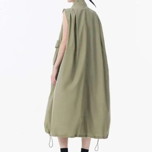 Load image into Gallery viewer, Women Green Pocket Hem Drawstring Big Size Vest Dress New Stand Collar Sleeveless Fashion Tide Spring Autumn 2025 1DJ0147
