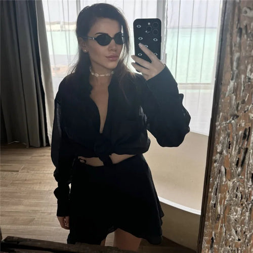 Load image into Gallery viewer, Summer Beach Two Piece Sets Women Long Sleeve Shirt And Mini Skirt Female See Through Loose 2 Piece Set Beachwear
