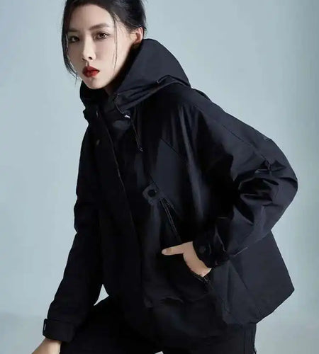 Black Big Size Loose Fit Pocket Casual Jacket New Hooded Long Sleeve Women Coat Fashion Tide Spring Autumn 2025 1DH3240