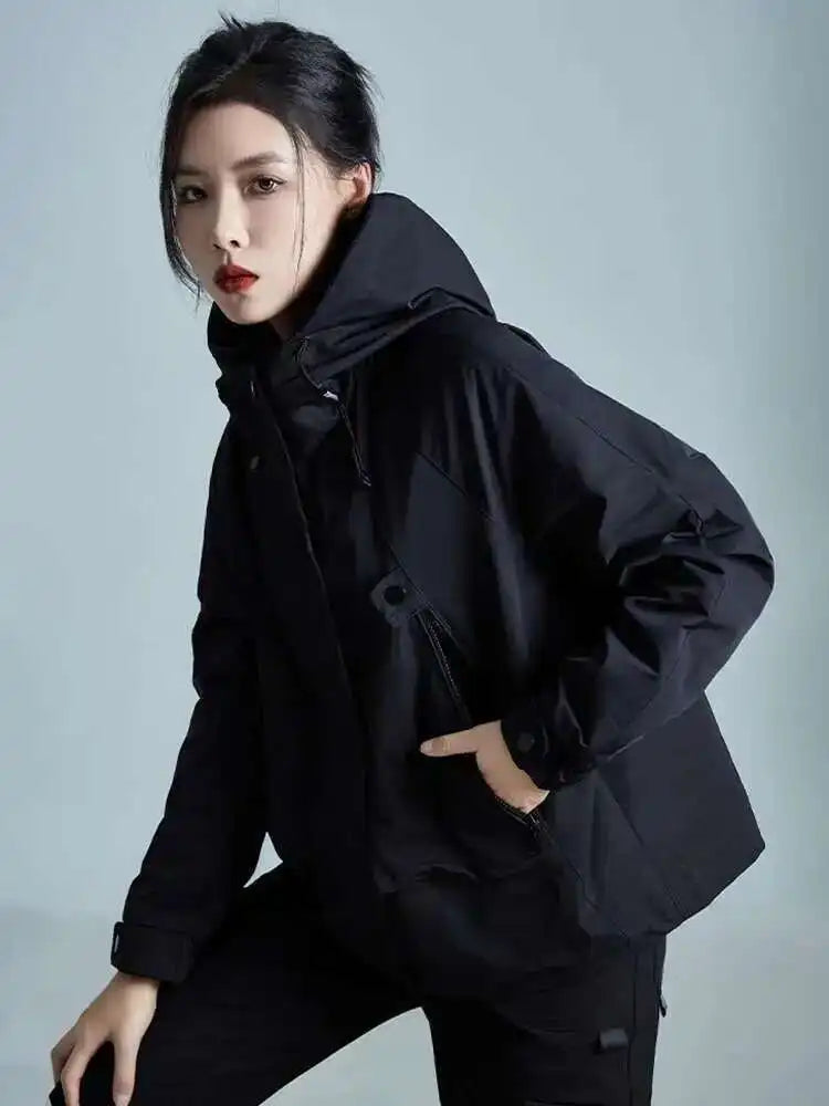 Black Big Size Loose Fit Pocket Casual Jacket New Hooded Long Sleeve Women Coat Fashion Tide Spring Autumn 2025 1DH3240