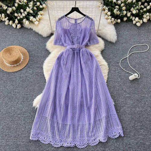 Load image into Gallery viewer, Summer French Retro Solid Round Neck Short Sleeved Hollow Out Lace Dress For Women Slim Elegant High Waist Party Evening Dresses
