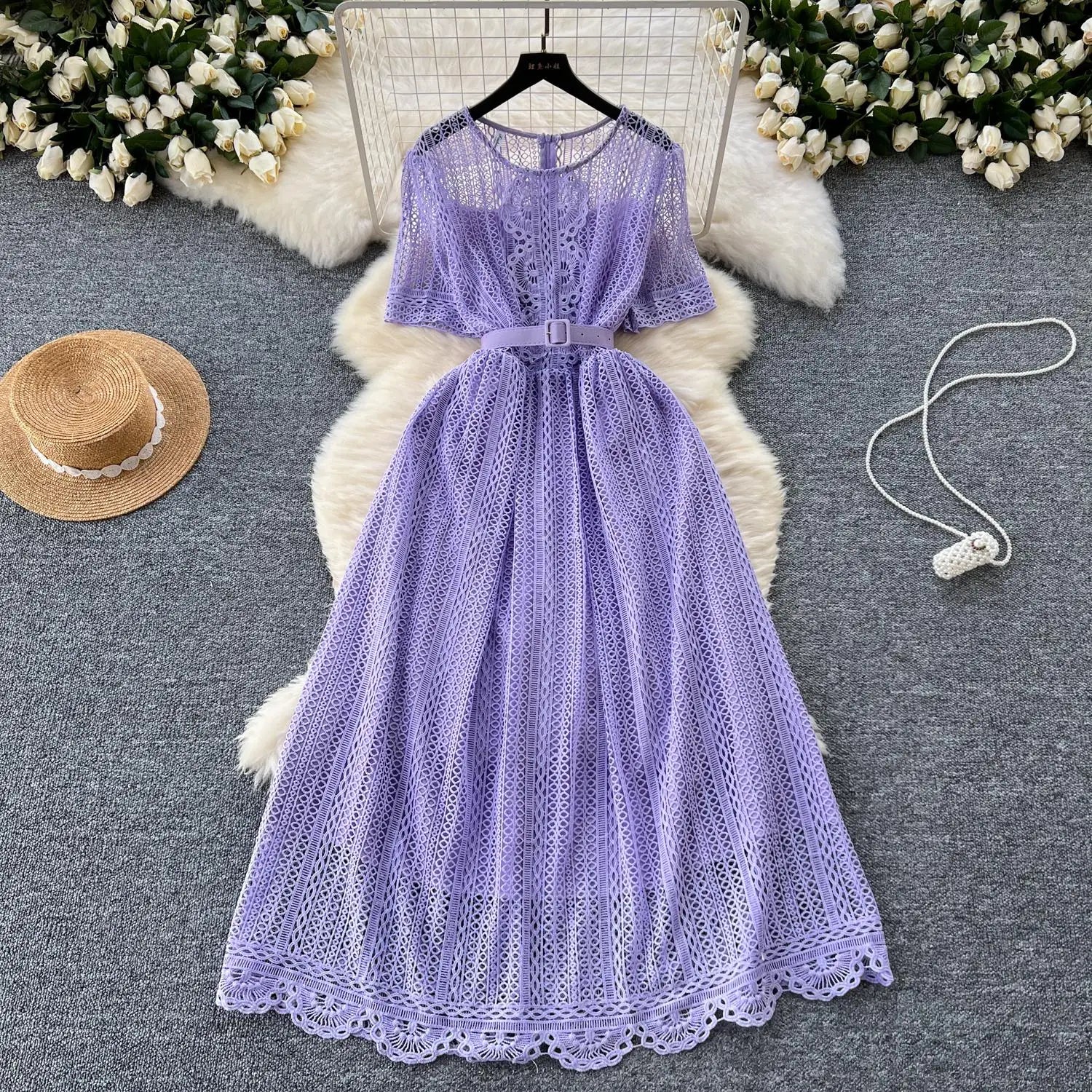 Summer French Retro Solid Round Neck Short Sleeved Hollow Out Lace Dress For Women Slim Elegant High Waist Party Evening Dresses