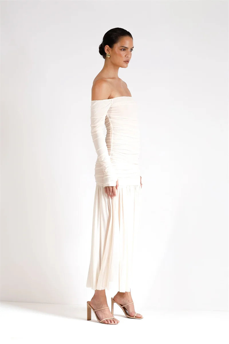 Off-shoulder Strapless Sexy Maxi Dress Women Summer New Patchwork Backless Long Sleeve Pleated Long Dress Elegant