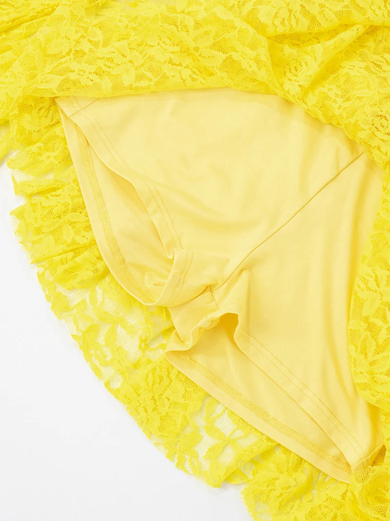 Lace Ruffled Sexy Mini Dress For Women Robe Deep V Neck Flare Long Sleeve Draped A-line Club Party Dress Vestido